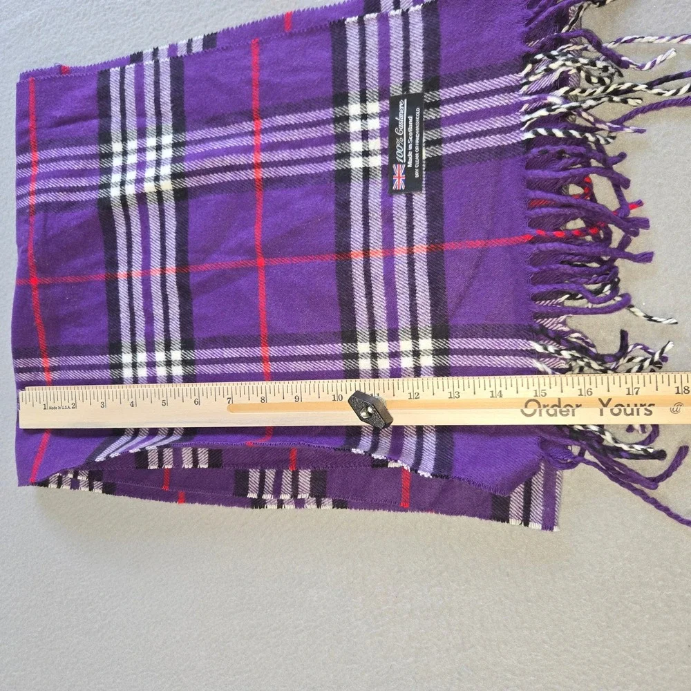 Scotland Scarf Unisex OS Purple Plaid 100% Cashmere Fringed Made in Scotland